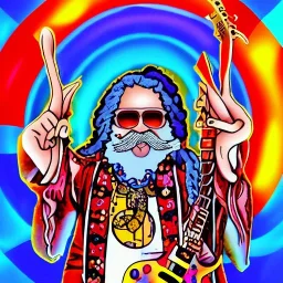 hippie Santa playing electric guitar psychedelic peace sign