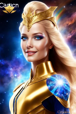 cosmic woman angels smile, admiral from the future, one fine whole face, crystalline skin, expressive blue eyes,rainbow, smiling lips, very nice smile, costume pleiadian, Beautiful tall woman pleiadian Galactic commander, ship, perfect datailed golden galactic suit, high rank, long blond hair, hand whit five perfect detailed finger, amazing big blue eyes, smilling mouth, high drfinition lips, cosmic happiness, bright colors, blue, pink, gold, jewels, realist, high commander,ufo rainbows