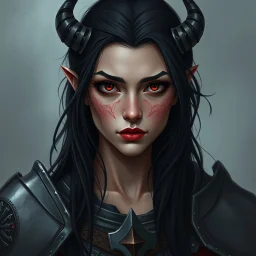 A digital illustration shoot from a portrait camera angle about a portrait of a young woman with striking features. In the middle of the image, a 20 years old orc woman, appears to be looking at the viewer lost in thought. she has long black hair, red eyes, and is wearing armour. her face is painted with red lipstick