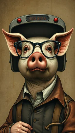 Hieronymus Bosch style , a pig with eyeglasses head in a body of a man wearing a bus