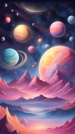 Draw a picture of the night sky decorated with several large planets shining in pastel colors such as pink, blue and yellow. These planets have gorgeous textures with detailed mountains, oceans, and shimmering gas clouds. Stars were scattered all over the sky, and colorful galactic mists flashed in the background, creating a cosmic scene that was dazzling and filled with the beauty of the universe