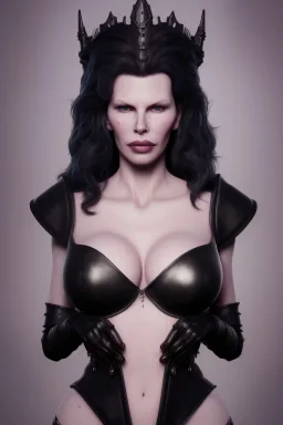 Kim Basinger as evil queen in black leather, busty, cleavage, curvy, angry, stern look. character design by cory loftis, fenghua zhong, ryohei hase, ismail inceoglu and ruan jia. unreal engine 5, artistic lighting, highly detailed, photorealistic, fantasy