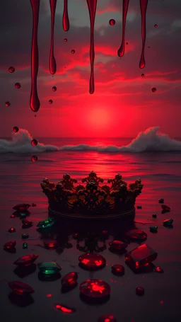 A surreal scene where tears are painted red, reflecting deep sorrow. A hidden crown of separation lies within. Emeralds, diamonds, and rubies symbolize once-beautiful hopes, now aching as they trickle down. In the distance, the sky is gradually being painted red, with waves waving goodbye, carrying the pain of separation across the sea. The scene is tinged with a deep crimson hue, representing the emotional turmoil, with an overall melancholic atmosphere.