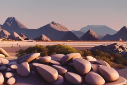 Modern city, people, mountains, sand, rocks