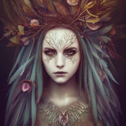 karlan, rusty metal, feathers, Dryad, fae, sidhe, ominous, nature, plants, wildflower, facepaint, dnd character portrait, intricate, oil on canvas, masterpiece, expert, insanely detailed, 4k resolution, retroanime style, cute big circular reflective eyes, cinematic smooth, intricate detail , soft smooth lighting, soft pastel colors, painted Renaissance style