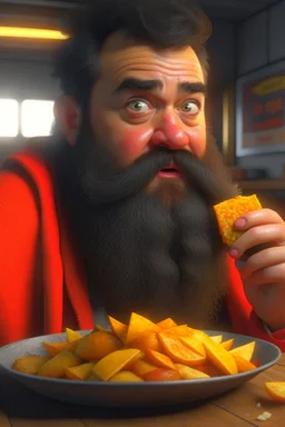 4K full realism, Karatéka bearded eating a pack of chips