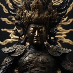 a hyper-realistic Surrealism (RAW, simulation), close-up look of a Japan Fudo Myo-o god with a thin layer of clear glass head and face, revealing the intricate details of its black titanium head and face beneath the surface, wearing a matte black titanium body suit with gold detail, dynamic pose, white background, absolutely lavish surfaces color and lighting, modeling of light and shade, ultra unique natural textures, vray