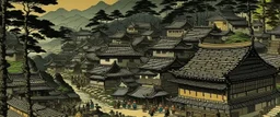 A dark brownish black Japanese village with a palace painted by Utagawa Hiroshige