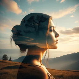 Double exposure beautiful fantasy portrait, woman and landscape, ultra quality