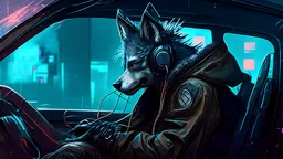 a wolf cyberpunk listening music in a car