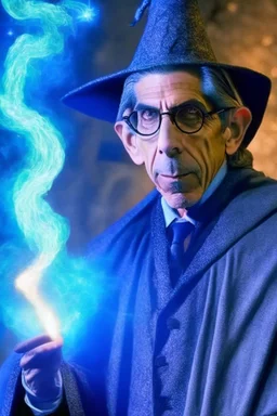 Detective John Munch as magic wizard like Gandalf, casting a spell.