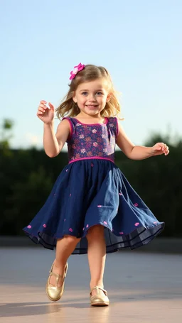 a pretty 5 years old girl with blue eyes and nice dress dancing and playing joyfully