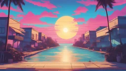 comic book illustration looking straight ahead,synthwave colors in Miami beach, sunshine, blue sky, art inspired in GTA VI game, cinematic light, 4K, synthwave