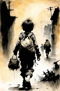 The nightmare small child having a bag pack walks in the streets, at war time , in the street with some soldiers illustration by Stephen Gammell