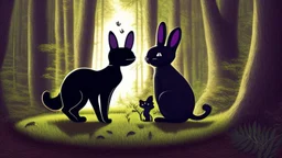 A black cat staring a white rabbit in the forest.