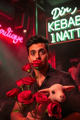 An spanish Guy with big eyes "Enrique" performing at dance club, his name is "Enrique" Red roses On stage, red Neon lights and smog, and "Din KEBAB I NATT" big sign on the wall, serenade under balcony,a lamb on the balcony