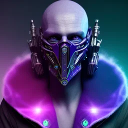 purple masked villain in galaxy, teal and purple smoke, detailed, apocalyptic, realistic, 4k