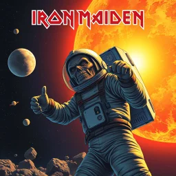 digital illustration for text "IRON MAIDEN" album cover, Iron Maiden mascot Eddie stranded in Space lost without trace, Too close to the Sun, Eddie as a doomed astronaut, time regression space oddity, Influence by Derek Riggs illustrative style, 'Somewhere in Time' album cover aesthetic, visceral, unsettling, fantastically sophisticated