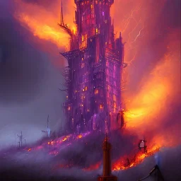 a tall skewed tower on fire in a hurricane, upper body of purple devil with spear