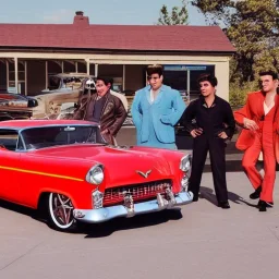 a 50s Greaser ROCK BAND standing in front of a hot rod