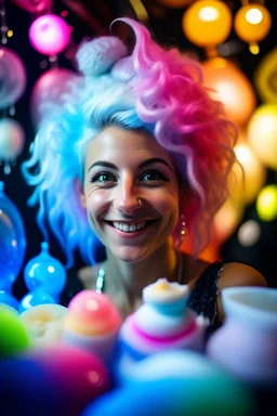 portrait of glittery haired twisted lama on a yoga space ship made of ice cream, smiling with beautiful shiny ears, each inside a pile of transparent jelly bubbles of weird colors with insect aliens inside, disco egg made of small mirror, light rayz, feast table ,shot on Hasselblad h6d-400c, zeiss prime lens, bokeh like f/0.8, tilt-shift lens 8k, high detail, smooth render, down-light, unreal engine, prize winning