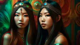 Two young Asian women with long dark hair and ornate headpieces against a colorful abstract background