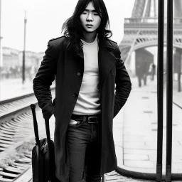 A young Asian man with long hair and a black trench coat waiting for a woman at a train station in Paris