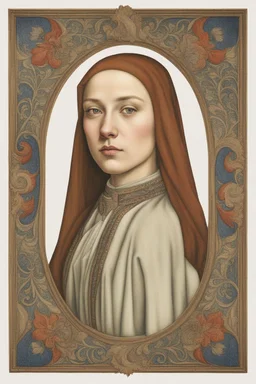 Portrait of a young woman in winter clothes in the style of jan van eyck in colors on a white background