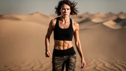 beautiful slender caucasian female technician, black tank top, angry, running, well toned muscles, weathered face, scratched sand camo metal details, short brunette wavy bob haircut, dystopian, desert scene with smoke and explosions,