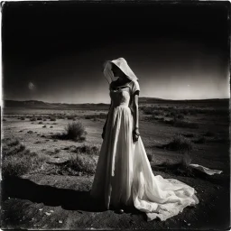 Photorealistic polaroid, black and white, nothingness and distressing anguish figure wasteland night, Hieronymus Bosch, shot on Hasselblad, movie shot, details of the dress accentuated, nightmare, hypermaximalist, obsessive, hypnotic