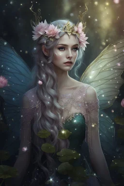 Pink dress,Sparkling fairy wings,Very long golden hair,Fairy crown,pointed ears,elven ears,fairy wings,water lilies,sparkling,glittering,flowers,blossoms,golden crown,light pink dress