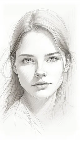 A beautiful face of white woman white on a light grey canvas background, pencil sketch drawing style