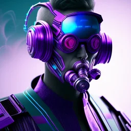 cyberpunk purple masked villain in galaxy, teal and purple smoke, detailed, realistic, 4k