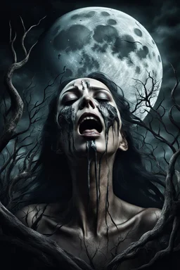 medium close human woman with nature face cry and howling, no makeup, pale face, pain, thriller, alone, dark colors, sharp focus, surreal , the attraction of the moon, faded colors, dark mood, surreal, dramatic atmosphere. intricate, stunning textures, mystic and dark mood