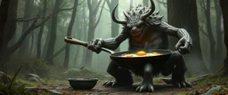 Fachen Enormous frying pan One-legged forest monster attempting to cook breakfast with terrifying determination