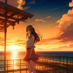 girl anime style sunset beach hotel