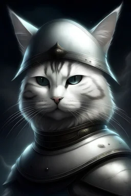 Create an image of a majestic cat with a unique white casque perched atop its head, exuding an aura of mystery and intrigue
