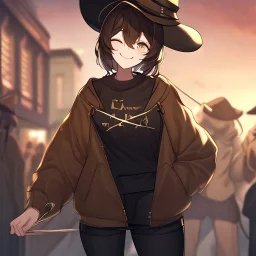 Clear focus, High resolution, short brown spiky hair, hair between eyes, eyes closed, wearing a brown detective hat, wearing a brown jacket and a black shirt, wearing black shorts, 1girl, pulling hat down, smiling, wearing a oversized hoodie