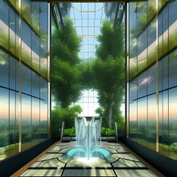 glass elevator inside high building, foliage, fountain