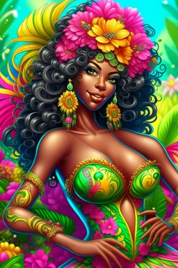 Create a digital airbrush cartoon of a curvy African American female wearing Brazilian carnaval outfit outfit that's pink, green and white. Prominent make up with hazel eyes. Highly detailed very long extremely curly black hair. Her skin is smooth and silky. Background of a judge full of colorful flowers