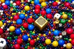 [dices and skills] close-up high res photo by Barry Webb: a gypsy's wrist surrounded and saturated by strings of beads, the hundreds of beads in every color shaped like dice or skulls. It's the childlike, mortal symbol of chance intertwined with destiny.