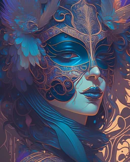 centered detailed portrait of a masked woman wearing a venetian mask, vibrant peacock feathers, intricate, elegant, highly detailed, digital painting, artstation, smooth, sharp focus, illustration, illuminated lines, outrun, vaporware, intricate venetian patterns, cyberpunk darksynth, by audrey kawasaki and ilya kuvshinov and alphonse mucha