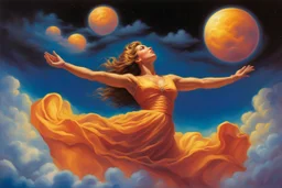 A woman having a beautiful dream floating on a cloud painted by Jeff Easley. concept art, mid shot, intricately detailed, color depth, dramatic, 2/3 face angle, side light, colorful background