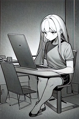 thin hacker girl use a laptop sitting in a cafe, line arts, greyscale