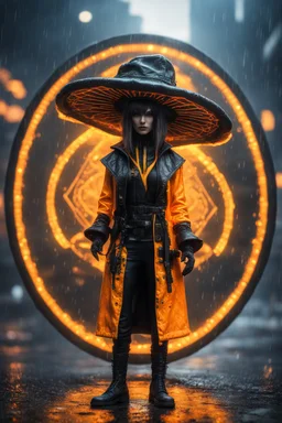 Fire Mushroom sacred geometry framed dinner plate, black, yellow and orange neon cyber punk dancer thief in soaked rain coat and cowboy witch hat shadows boss card in the style of Giger and fallout 4 ,,bokeh like f/0.8, tilt-shift lens 8k, high detail, smooth render, down-light, unreal engine