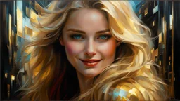 In Casey Baugh's evocative style, art of a beautiful young smiling blonde girl with long brown hair, futuristic, scifi, intricate, elegant, highly detailed, majestic, Baugh's brushwork infuses the painting with a unique combination of realism and abstraction, greg rutkowski, surreal gold filigree, broken glass, (masterpiece, sidelighting, finely detailed beautiful eyes: 1.2), hdr, realistic painting,