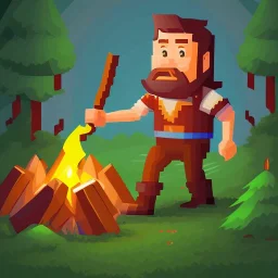 a man running with an axe in the forest by a campfire and stone wall, all in pixel art cartoony stile