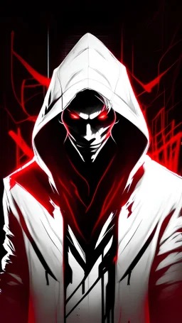 Concept art of a computer game character, blackandwhite, in two projections, An assassin man in a white hooded suit, evil look, evil smile, glowing red background, black lines, blond hair, black eyes