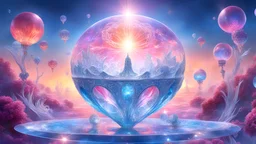 aetheric, enlighted cosmic harmonious vessels, floating in de air, (anti-gravitational1.8), sunset midday, luminous, made of glass and crystals, ethereal fairies, intricate, highly detailed, subtil, pastel blue and rose colours, splash of white light, intricate and detailed, 8K, ultra-detailed, sharp focus,