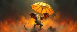 smite by god was the evil furry goblin gremlin winged serpent man holding a golden umbrella in a pool of smoke and lava in the style of Escher and Giger.